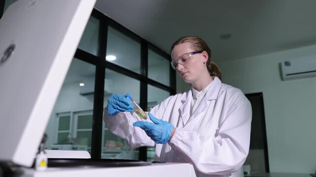 Woman scientist placing test tube in centrifuge machine. Caucasian female researcher placing a sample into a laboratory centrifuge for analysis.
