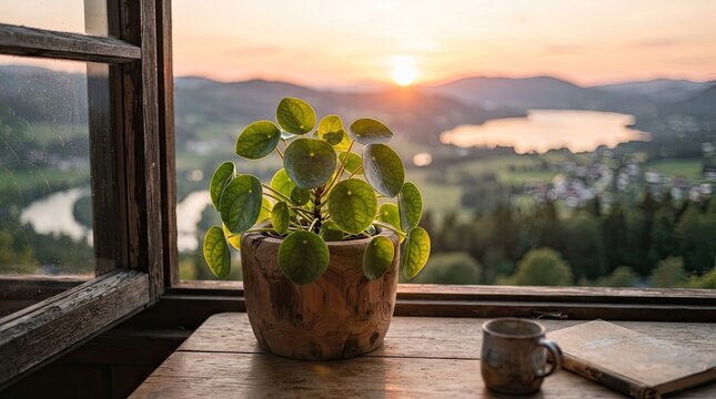 A vibrant plant sits on a rustic wooden table next to an old window.