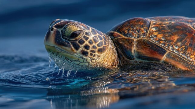 Sea turtle surfacing with water droplets on shell calm ocean Canon EOS R5 50mm f28 shot