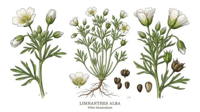 An illustration depicts three sprigs of Limnanthes alba, commonly known as White Meadowfoam.