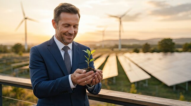 A smiling businessman is holding a small plant in his hands while standing on a balcony overlooking a wind farm and solar panel field.