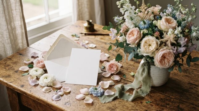 A rustic wooden table displays a beautiful bouquet of pastel flowers and an open blank card.