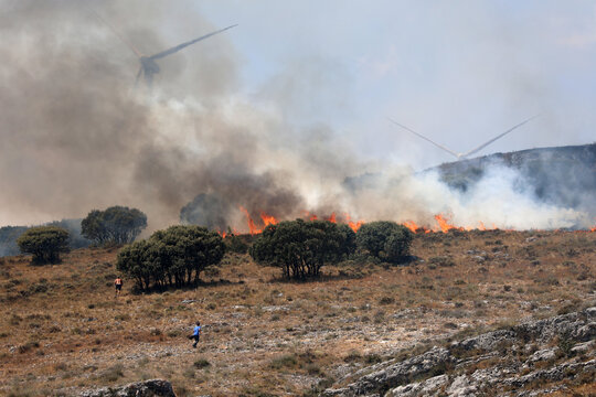 Firefighters and residents help fight a wildfire near Monasterio de Rodilla on August 12, 2026
