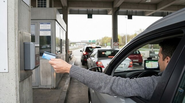 Driver's hand extending credit card for toll payment at a busy highway toll booth