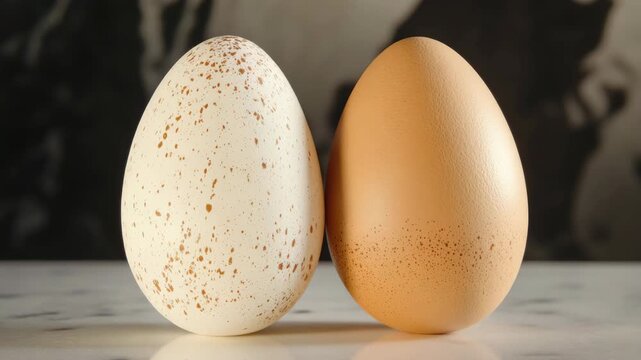 Two speckled and golden farm eggs on a marble surface