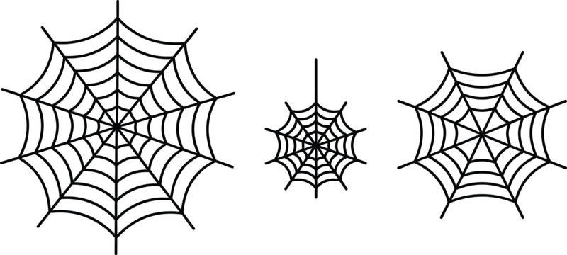 Three black spider web illustrations with intricate radial patterns isolated on white background for Halloween and seasonal designs