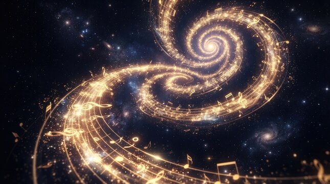 A vibrant, swirling galaxy is filled with golden musical notes and symbols.
