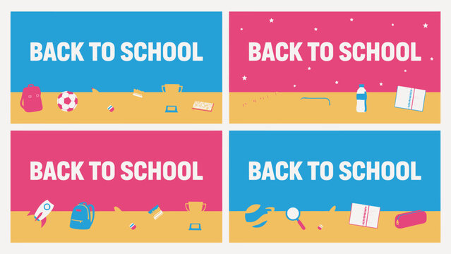 A colorful vector illustration showcases school supplies arranged within a 2x2 grid promoting back to school backpack soccer