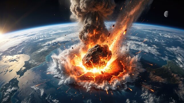 A massive asteroid impacts Earth, creating a colossal explosion and a towering plume of smoke and fire.