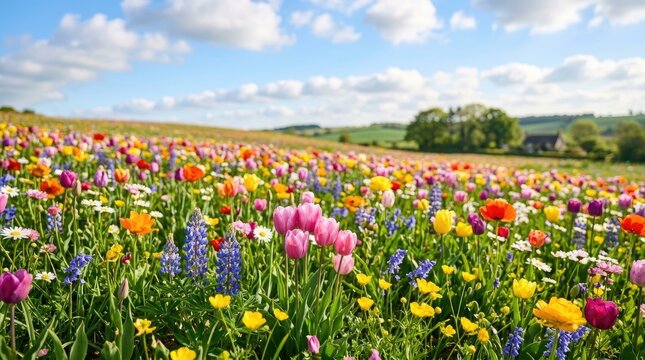 A vibrant wildflower meadow stretches across a rolling hillside under a bright blue sky dotted with fluffy white clouds.