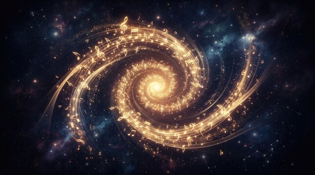 A vibrant spiral of golden musical notes emerges from a dark, starry space.