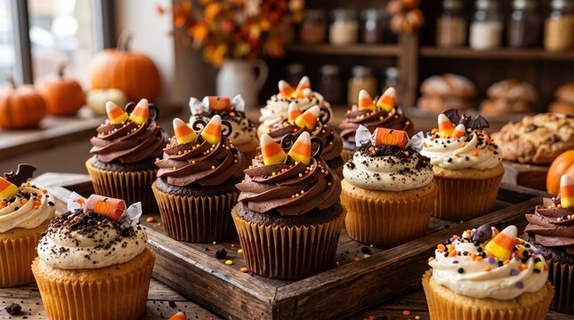 Warm close-up of festive halloween cupcakes, chocolate/vanilla frosted with candy corn and sprinkles, on a rustic wooden tray in a cozy bakery.