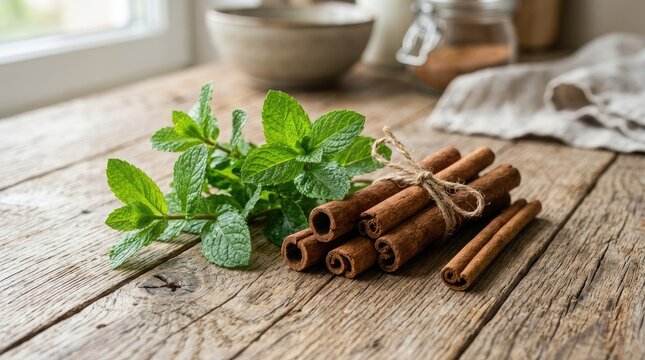 Fresh mint and cinnamon sticks are arranged on a rustic wooden table.