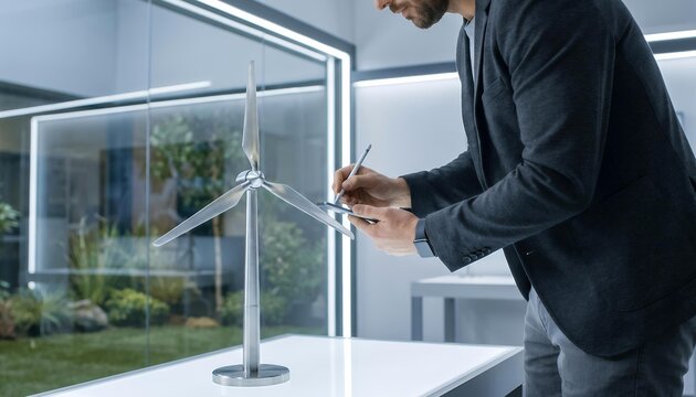 Engineer analyzing renewable wind energy prototype inside high tech sustainable research laboratory