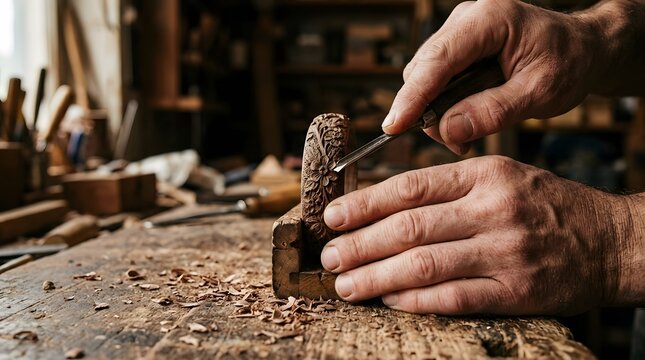 Skilled craftsman carving wood in a carpentry workshop stylishly presented