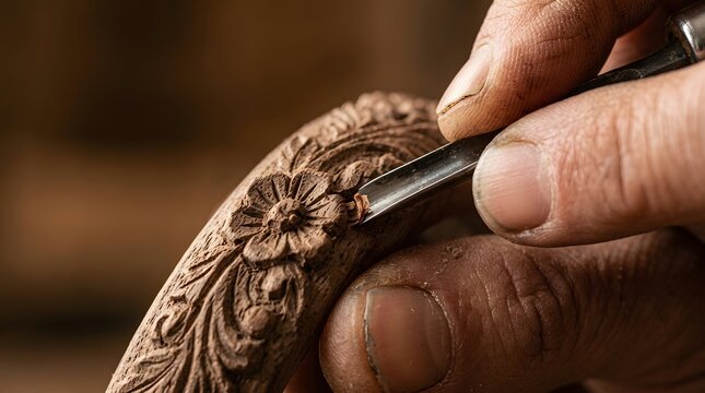 Skilled craftsman carving wood in a carpentry workshop stylishly showcased