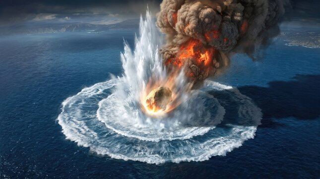 A massive explosion occurs beneath the ocean surface, creating a colossal plume of fire and smoke.