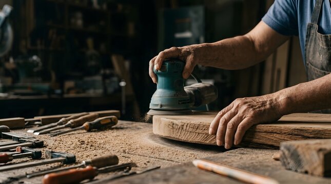 Skilled craftsman carving wood in a carpentry workshop stylishly arranged