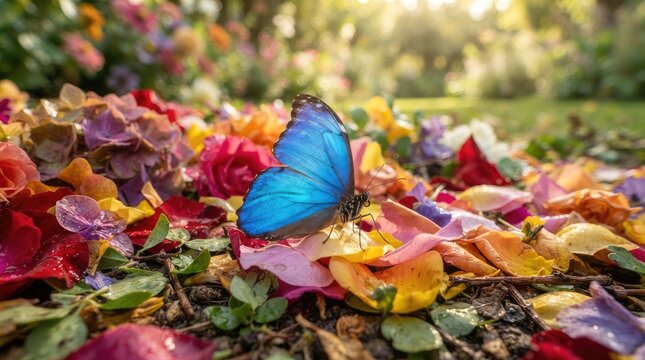 A vibrant blue butterfly rests delicately on a bed of colorful rose petals and fallen leaves.