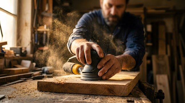 Skilled craftsman carving wood in a carpentry workshop professionally visualized