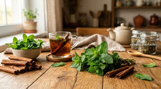 A close-up shot of a glass of herbal tea with mint leaves and cinnamon sticks on a rustic wooden table.