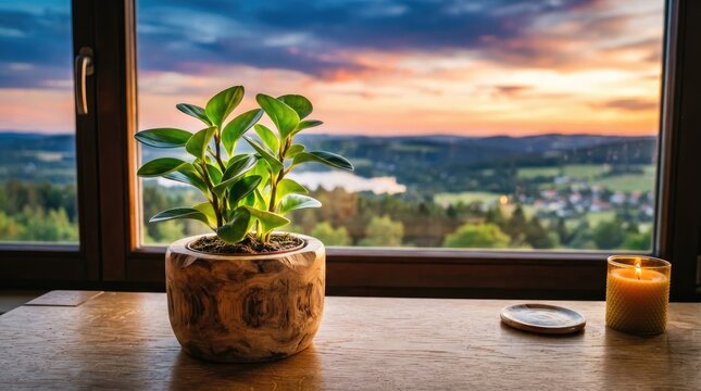 A potted plant sits on a wooden table next to a window.