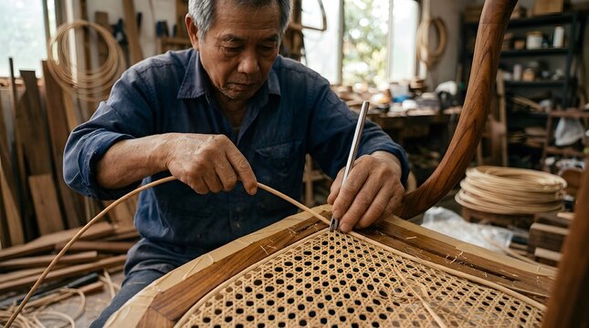 Skilled craftsman carving wood in a carpentry workshop creatively captured
