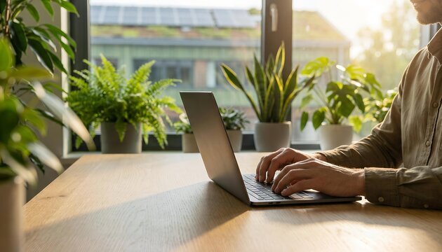 Business professional working on laptop at sustainable eco office desk with indoor plants and natural sunlight