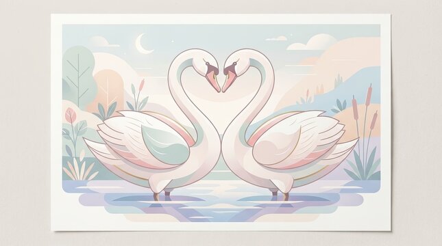Two swans are embracing in a serene landscape.