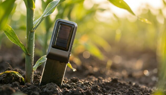 Smart soil moisture sensor with micro solar panel inserted in rich dirt