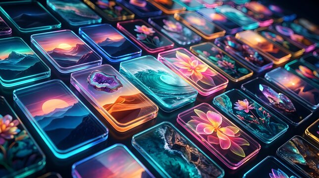 Glowing colorful keyboard keys or digital displays uniquely arranged