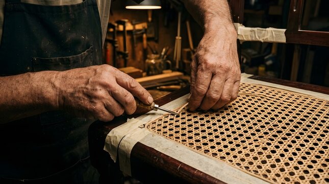 Skilled craftsman carving wood in a carpentry workshop uniquely designed
