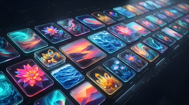 Glowing colorful keyboard keys or digital displays uniquely crafted
