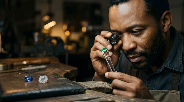 Person looking closely through a magnifying glass uniquely developed