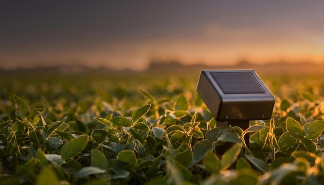 Solar powered smart agricultural sensor terminal in lush crop field at sunset