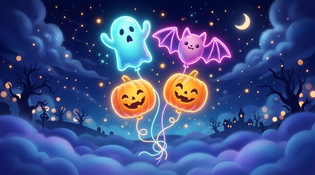 Cute spooky halloween glowing pumpkin and ghost icons stunningly lit