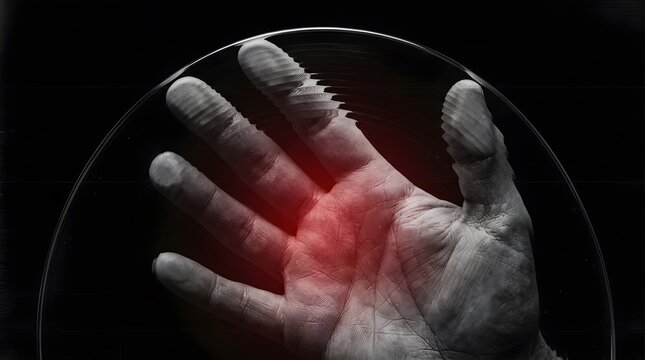 Abstract glowing red energy radiating from a human hand stunningly presented