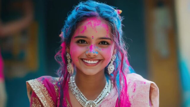 Smiling Woman with Colorful Powder during Holi Festival