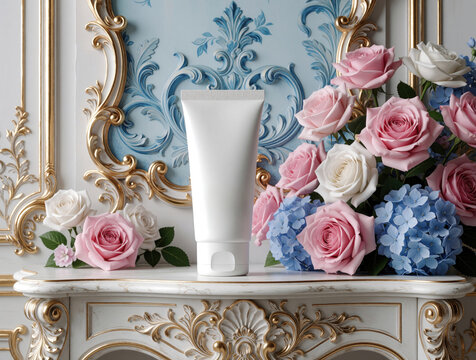 White cosmetic tube rests on ornate marble shelf with pink roses and blue hydrangeas. Elegant baroque interior provides pastel backdrop for skincare product mockup, ideal for beauty ads.