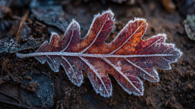Frost Covered Oak Leaf on Cold Ground