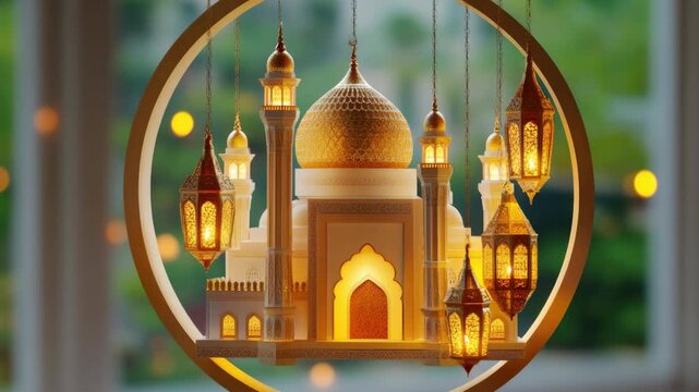 3D Mosque with Golden Dome and Lanterns in a Circular Frame
