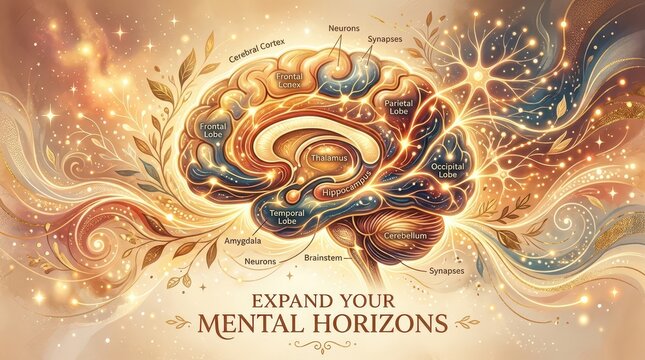 Abstract visualization of the human brain with detailed anatomy labels and glowing neural network, symbolizing expanded mental horizons, learning, and