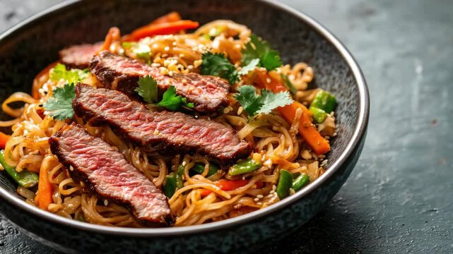 Gourmet Beef Stir-Fried Noodles with Cilantro and Vegetables