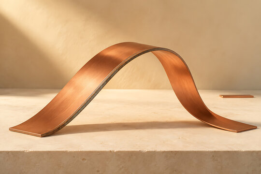 A single, curved strip of polished copper metal resting on a light beige stone surface with soft shadows cast by natural sunlight