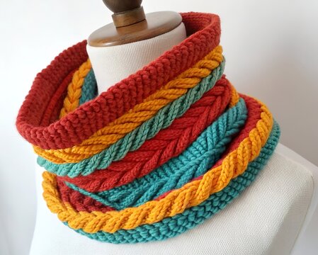Handmade Chunky Knit Infinity Scarf in Vibrant Red, Orange, Yellow and Teal &ndash; Cozy Multicolor Crochet Neck Warmer on Dress Form Isolated on a White Background.