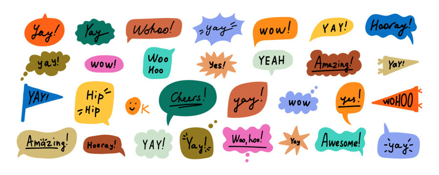Funky Bubble Speech with Yay Text Sticker Set. Yay Typography Balloon Sticker Kit. Playful Hurray Speechbubble Chat Collection. Handdrawn Vector Illustration