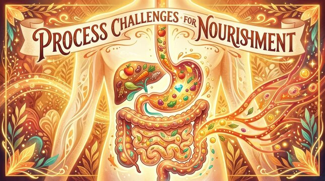 Abstract illustration of human digestive system and organs processing food for nourishment and energy, with text 'Process Challenges for Nourishment'