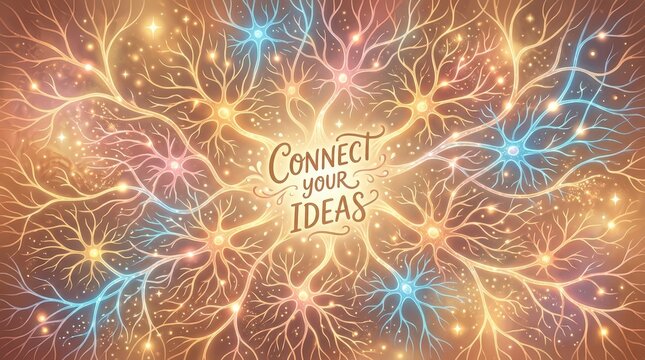 Abstract illustration of interconnected neurons with colorful glowing synapses, symbolizing ideas and brain activity, with "Connect Your Ideas" text.