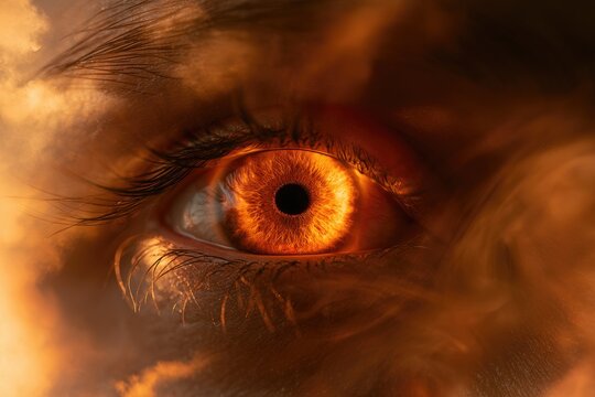 Close-up of a human eye with a fiery orange iris and smoky surround