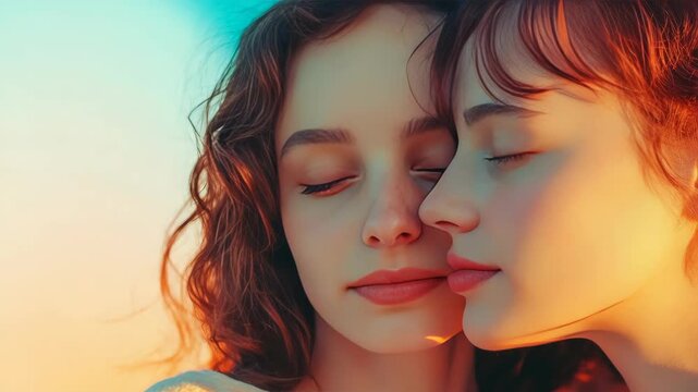 Close-up of two young women with eyes closed and faces touching